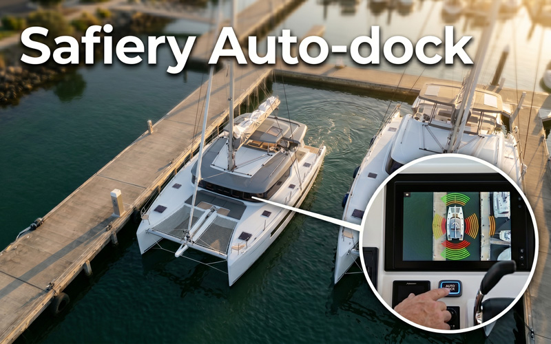 A catamaran auto docking in a tight pen.
