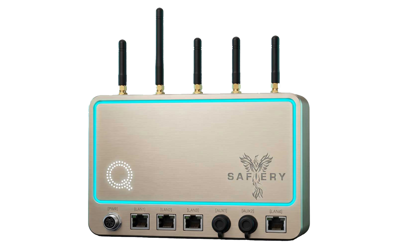 The Quasar Master AI hub — a brushed-metal Safiery controller with five antennas and LAN, AUX and power ports.